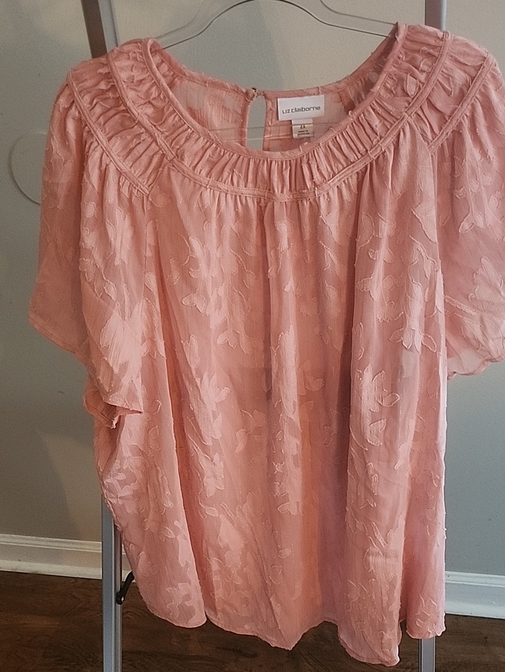 Liz Claiborne Blush Pink Floral Short-Sleeve Peasant Blouse